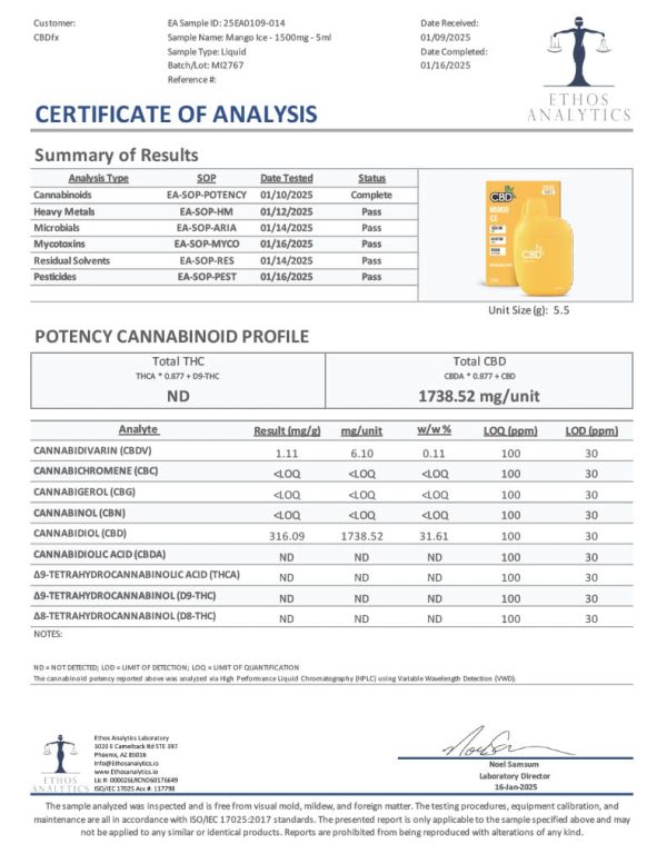 CBDfx | CBD Vape – Mango Ice – 1500mg Disposable Vape Pen - Image 2