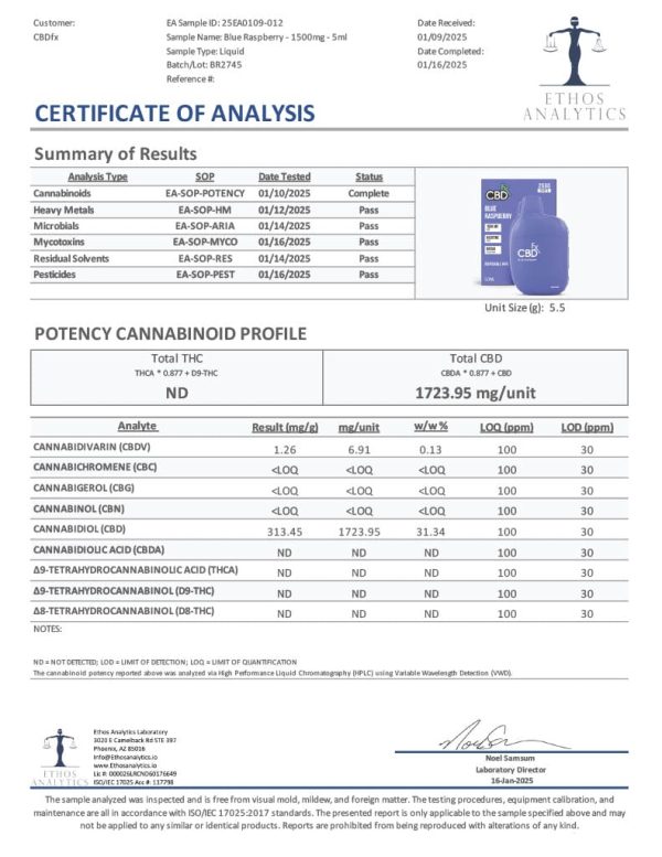 CBDfx | CBD Vape – Blue Raspberry – 1500mg Disposable Vape Pen - Image 2