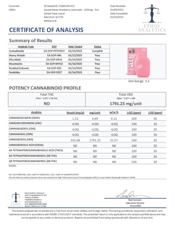 CBDfx | CBD Vape – Strawberry Lemonade – 1500mg Disposable Vape Pen - Image 2